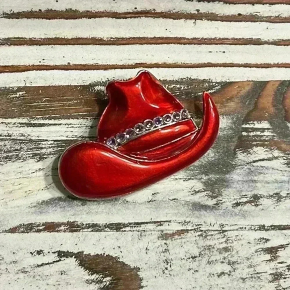 Red Cowboy Hat Enamel Brooch - Picture 1 of 6